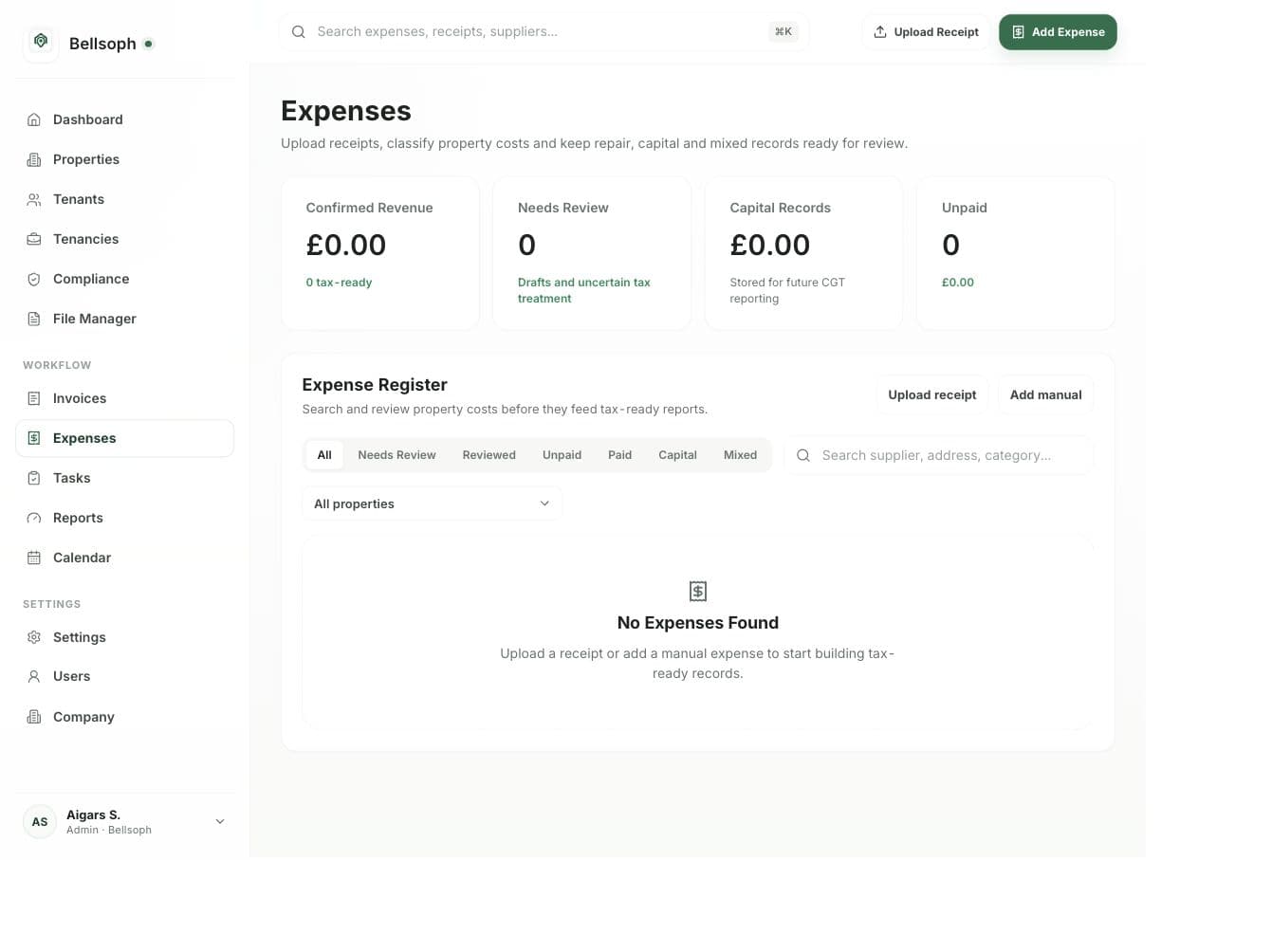 Bellsoph expenses page showing receipt and invoice record keeping