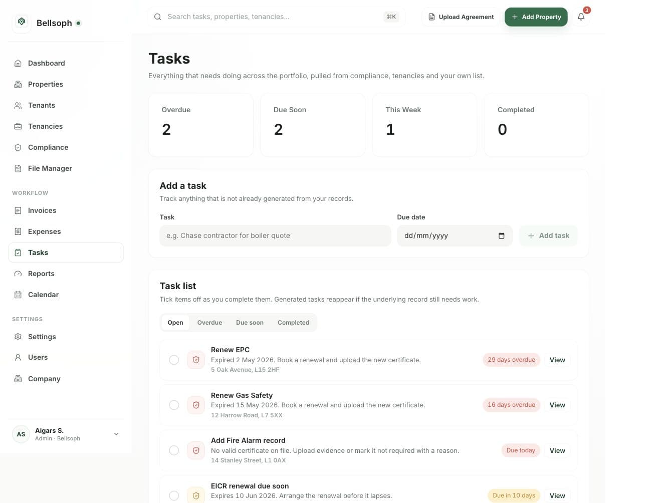 Bellsoph tasks page showing open maintenance and compliance work