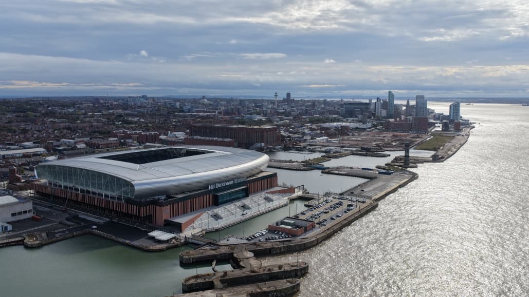 Aerial view of Everton FC's Hill Dickinson Stadium and the North Docks waterfront