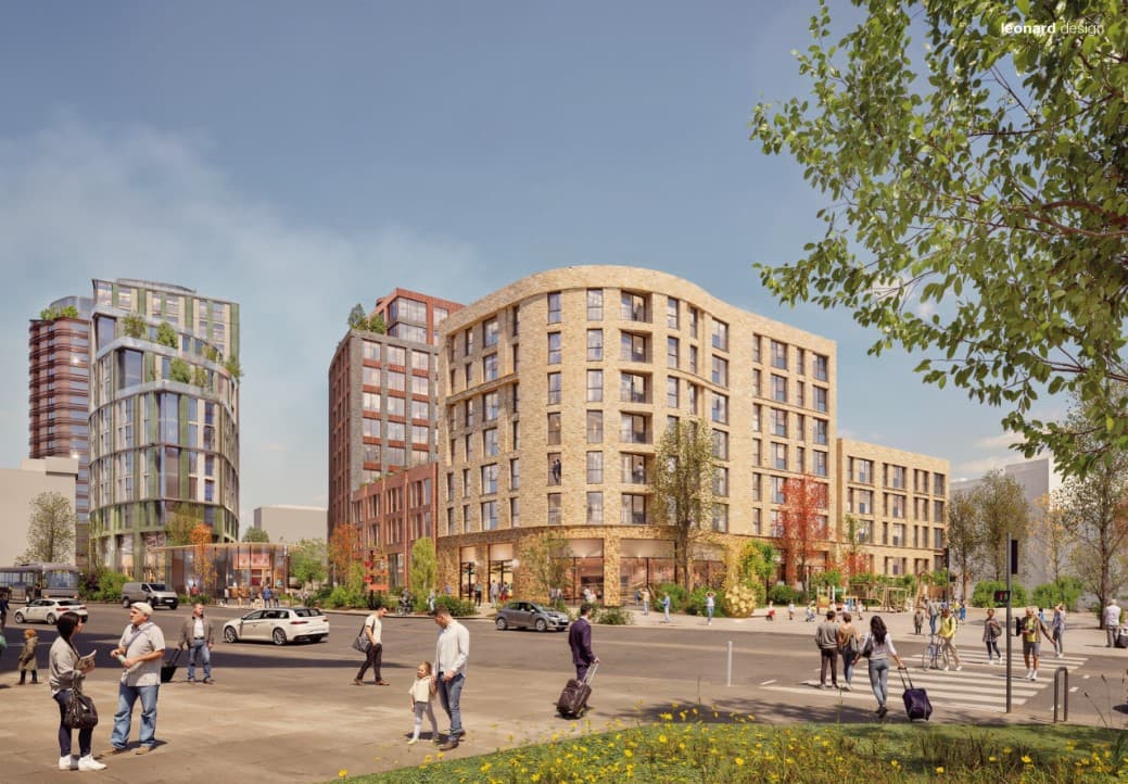 CGI of the planned Eagle Quarter public realm and new residential buildings beside Derbion in Derby