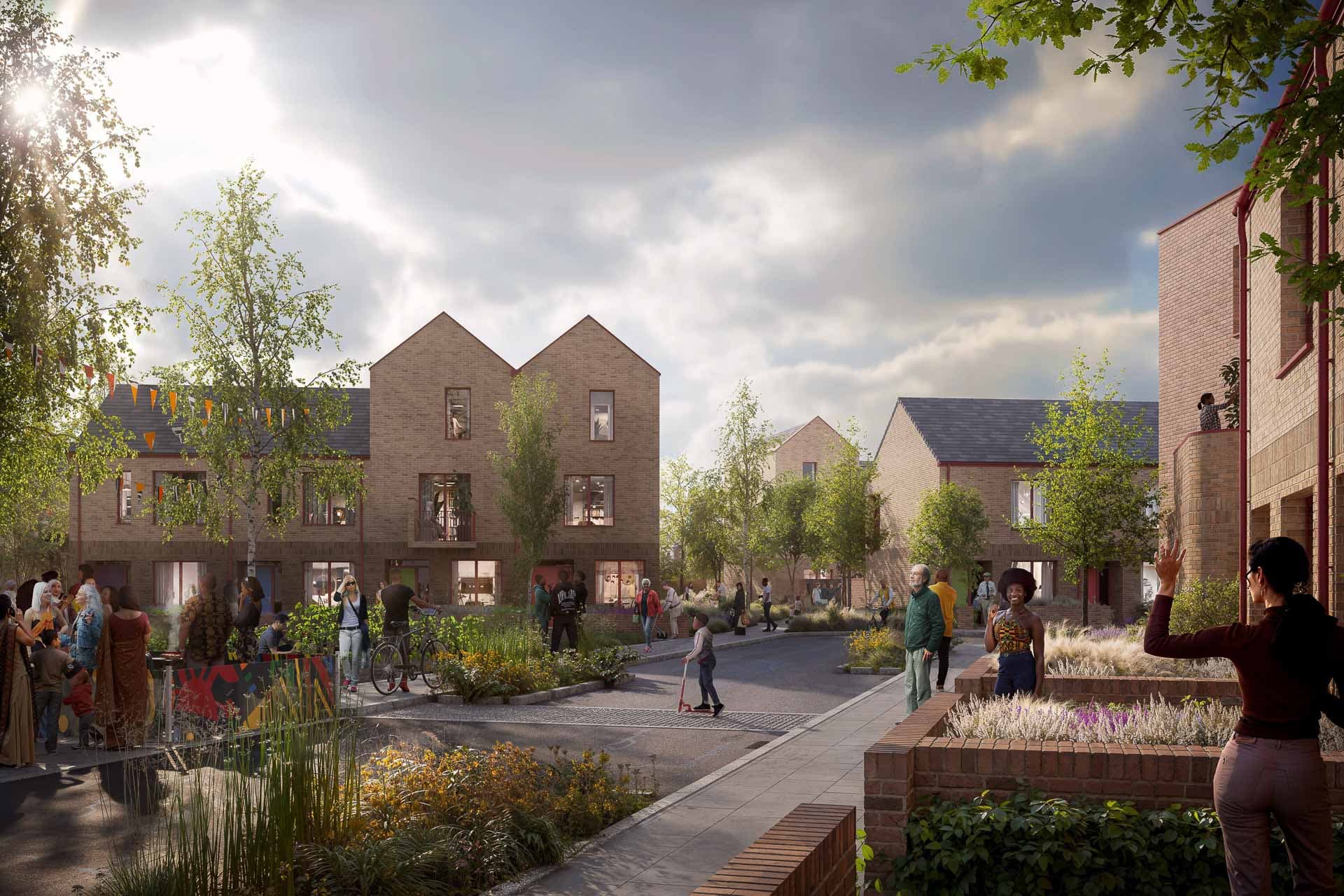 CGI rendering of the proposed Moston Lane public square and mixed-use regeneration