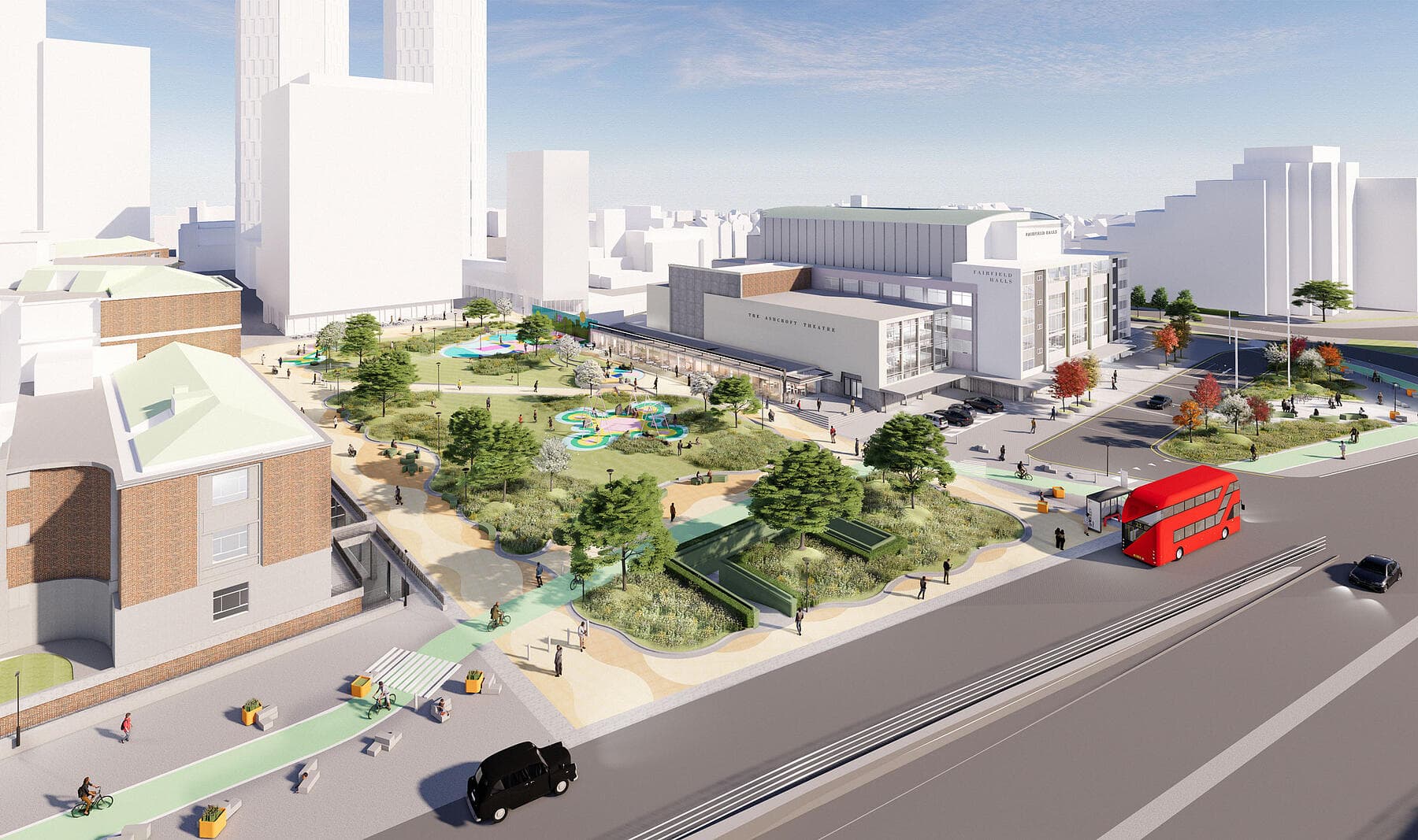 Architectural visualisation of the proposed College Green park beside Fairfield Halls