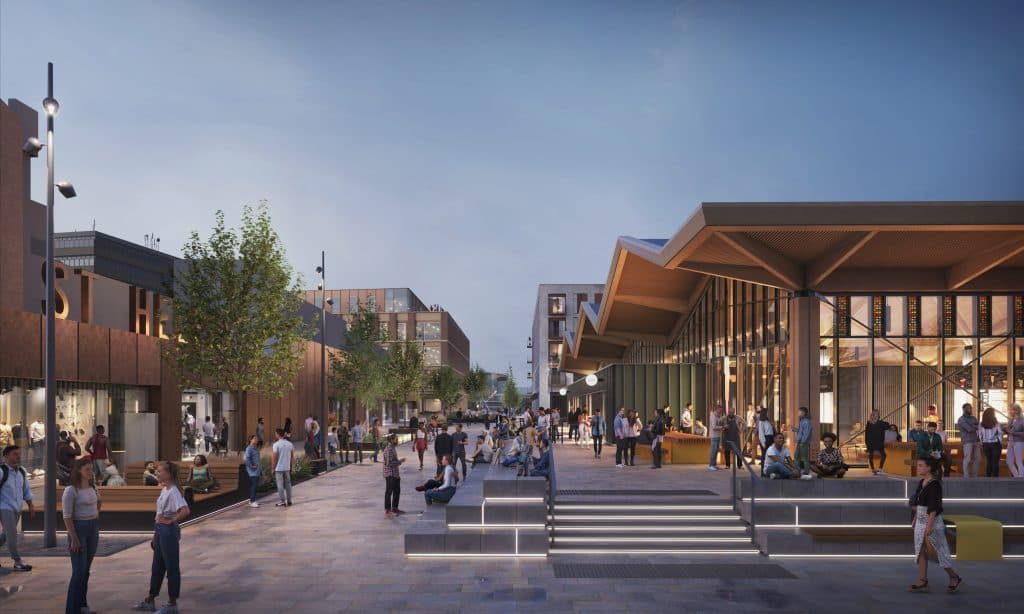 CGI view of the St Helens town centre transformation around Market Street