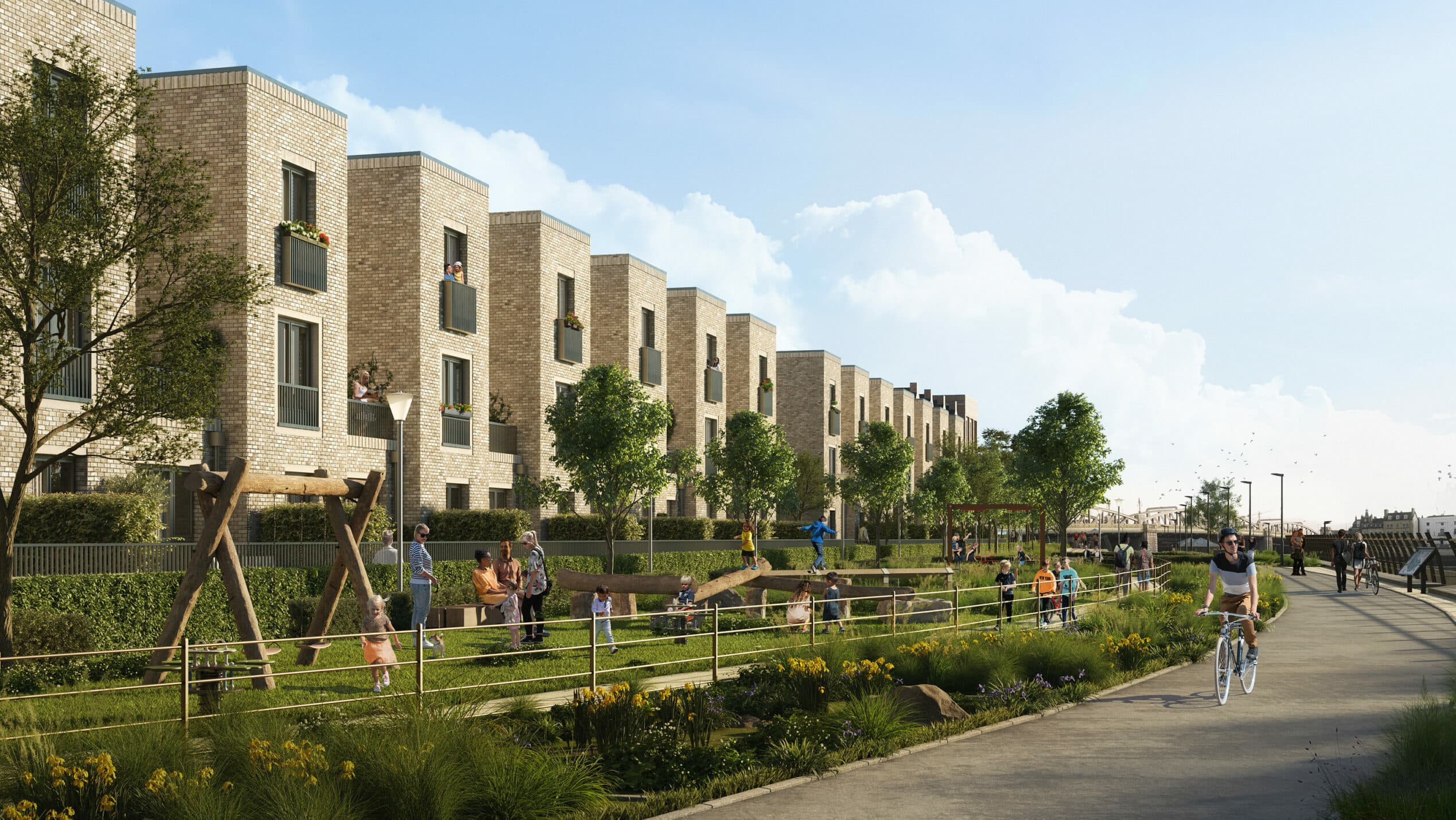 Illustrative CGI of proposed homes and riverside space at Strood Civic Centre