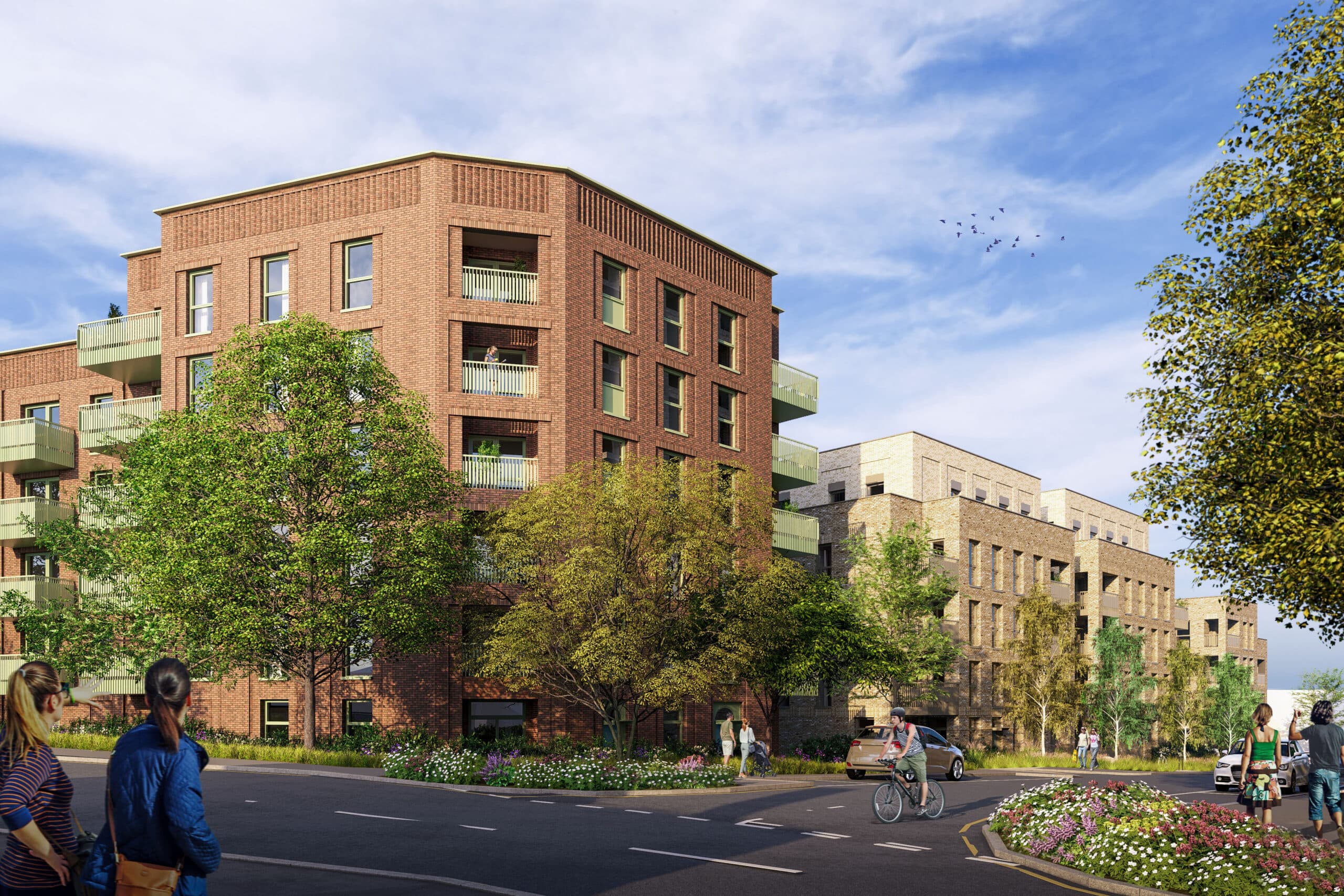 Architectural visualisation of proposed brick buildings and landscaped streets at Regina Road