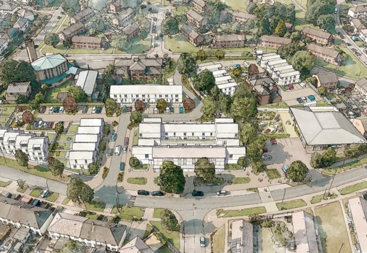 CGI aerial view of the proposed Stocking Farm estate redevelopment in Leicester