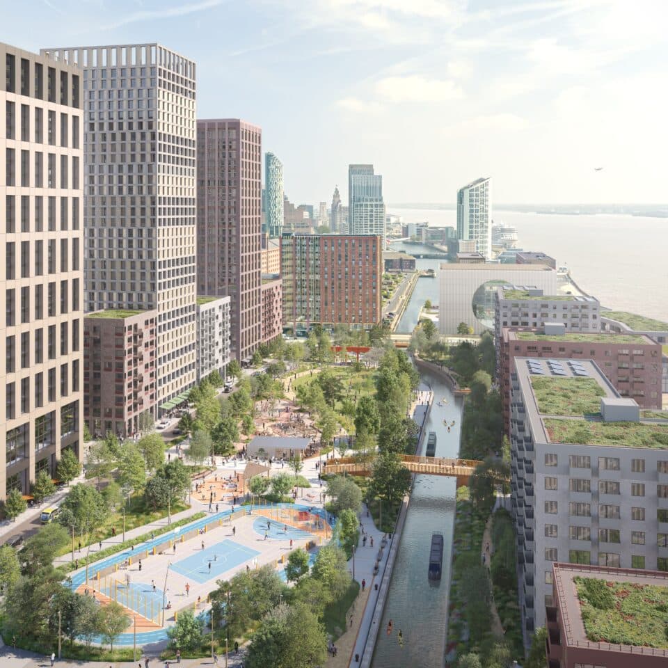 CGI aerial view of the planned Central Docks neighbourhood and Central Park