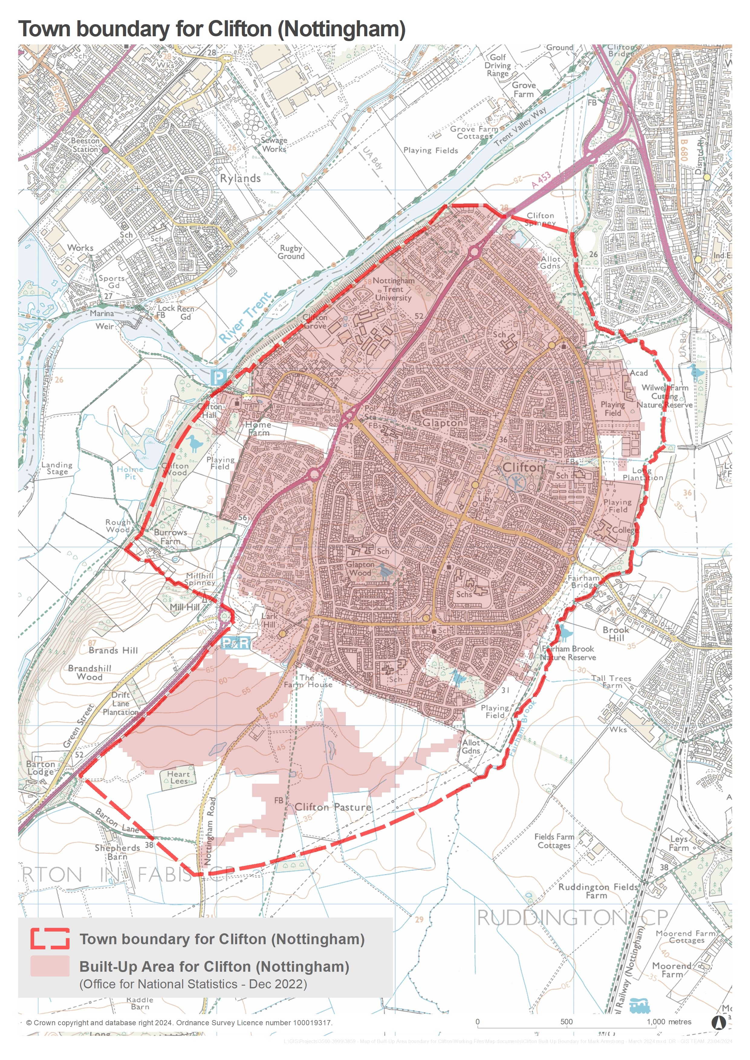 Official town boundary map for Clifton Nottingham showing the Pride in Place programme area