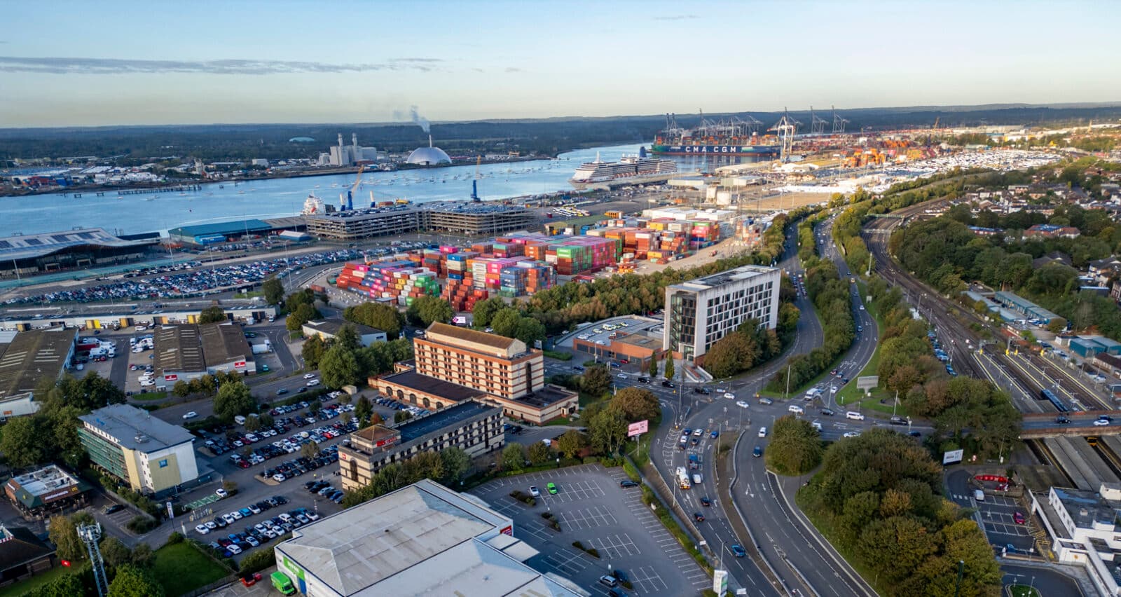 Aerial view across Southampton's port, waterfront and western city-centre approaches
