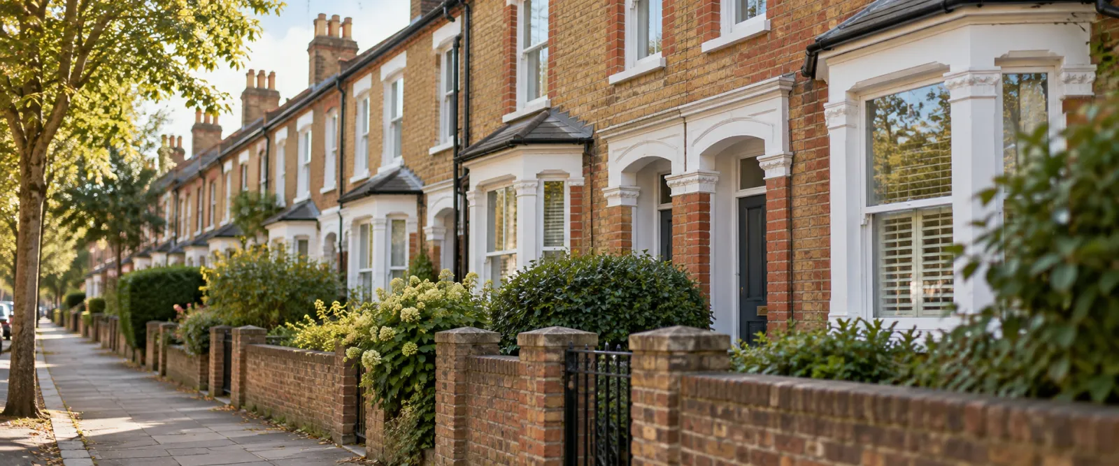 Illustration of a tree-lined street of English terraced homes