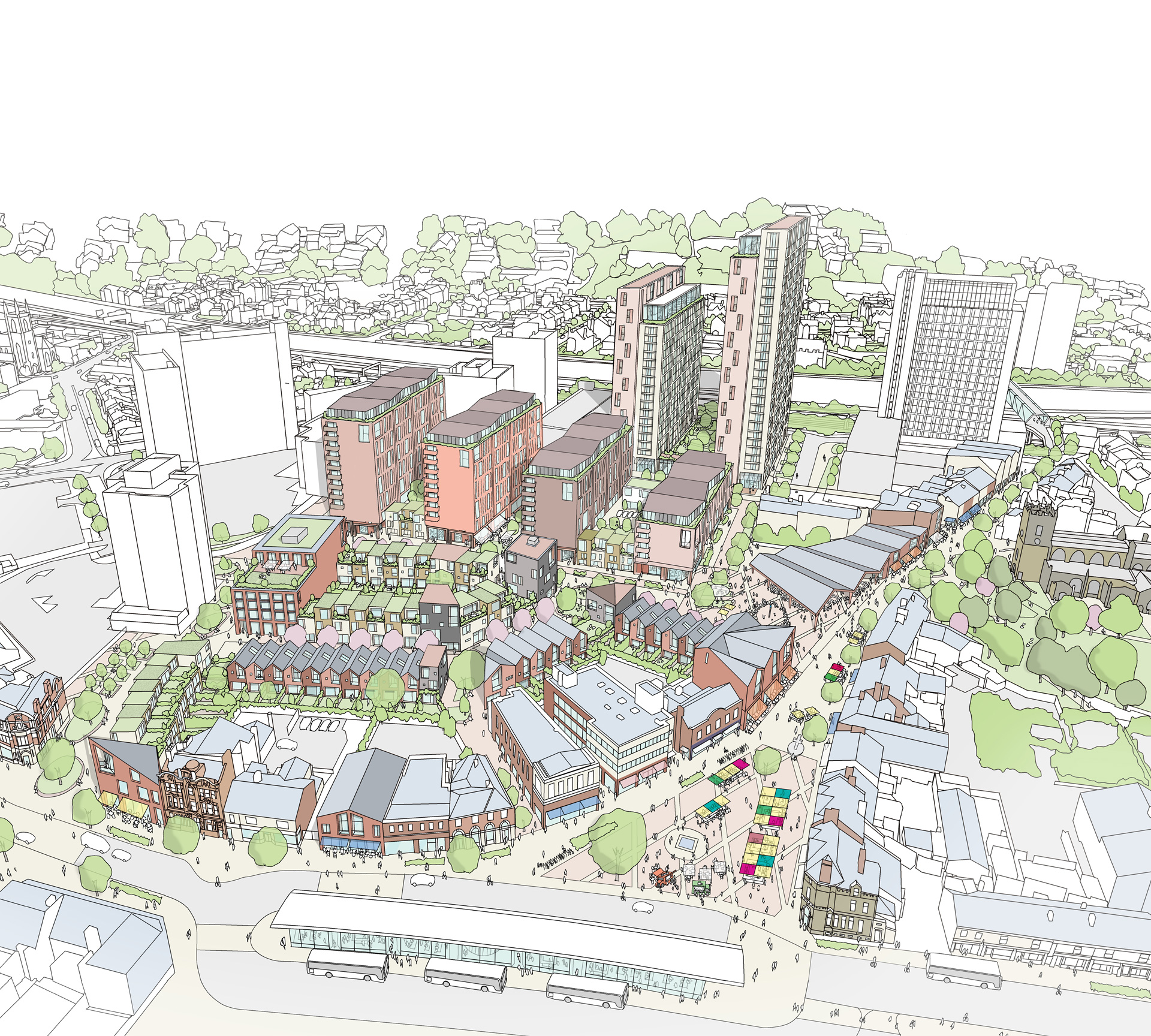 Aerial sketch of the draft Eccles Town Centre regeneration masterplan