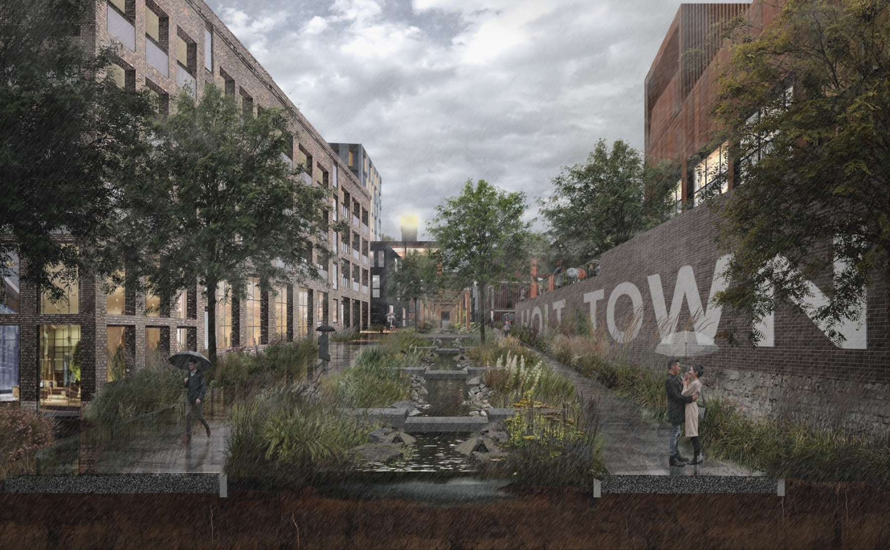 CGI render of the proposed Holt Town woodland neighbourhood showing green public realm and mixed-use buildings